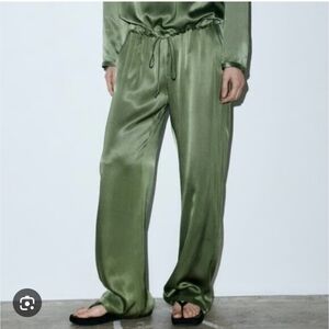 Zara Satin Effect Green Straight Leg Pants Size L